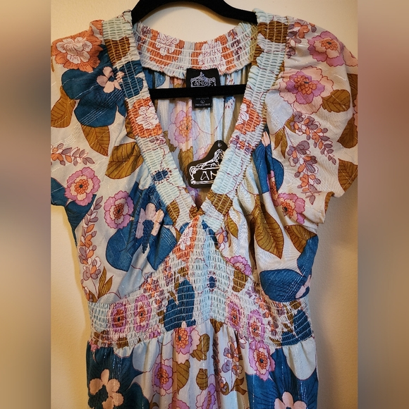 Nwt Large angie lurex floral dress maxi cap sleeve glitter boho hippie blue - Picture 3 of 5